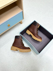 PRADA 25S LACE-UP ANKLE BOOTS IN DARK BROWN CALFSKIN