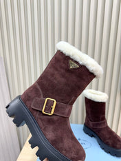 PRADA 25S MARTIN BOOTS IN DARK BURGUNDY BROWN SUEDE FUR-LINED