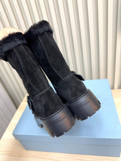 PRADA 25S MARTIN BOOTS IN DARK NAVY BLUE SUEDE FUR-LINED