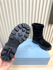 PRADA 25S MARTIN BOOTS IN DARK NAVY BLUE SUEDE FUR-LINED