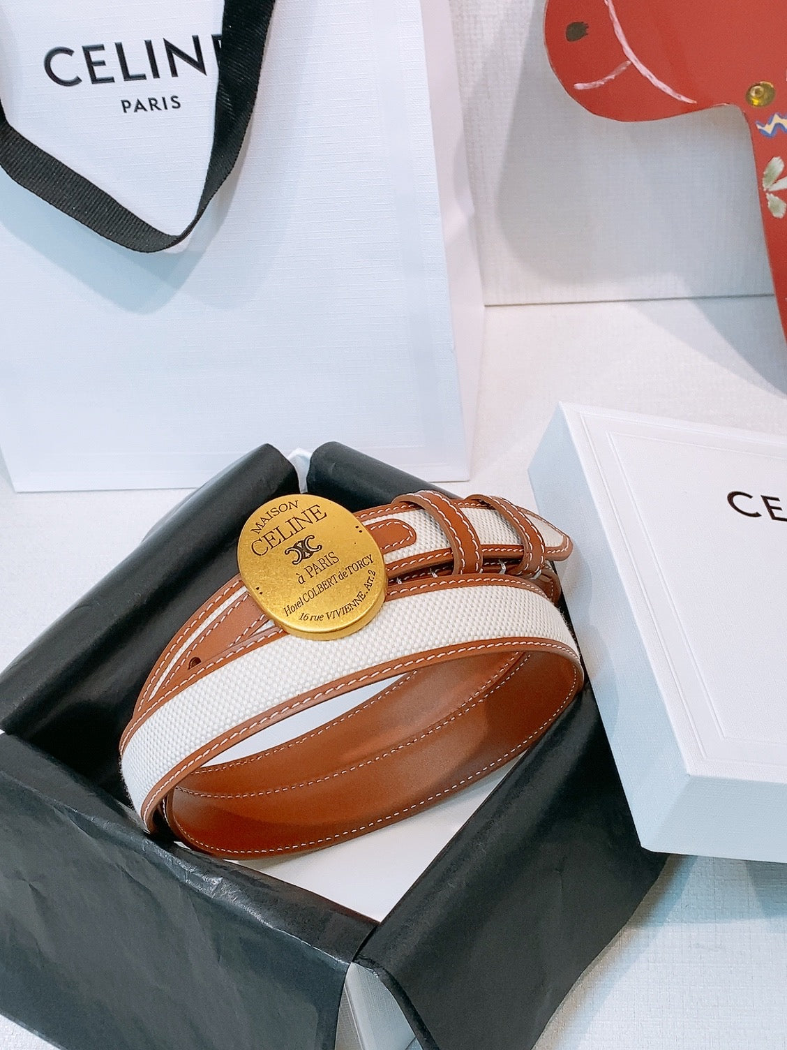 CELINE 26S BELT 25 MM IN WHITE CANVAS AND BROWN CALFSKIN 631593