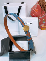 CELINE 26S BELT 25 MM IN BLUE DENIM AND BROWN CALFSKIN 631595