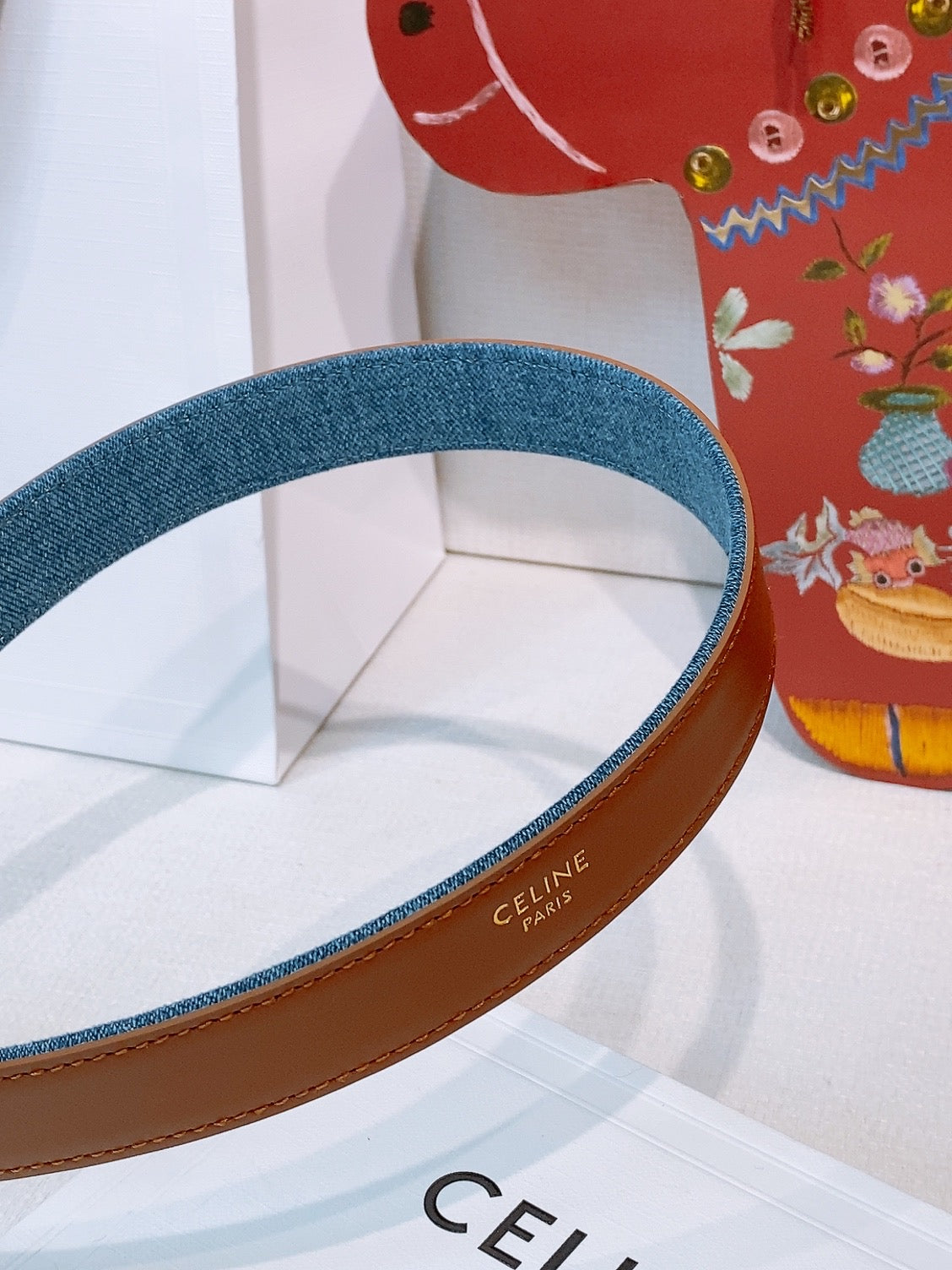 CELINE 26S BELT 25 MM IN BLUE DENIM AND BROWN CALFSKIN 631595