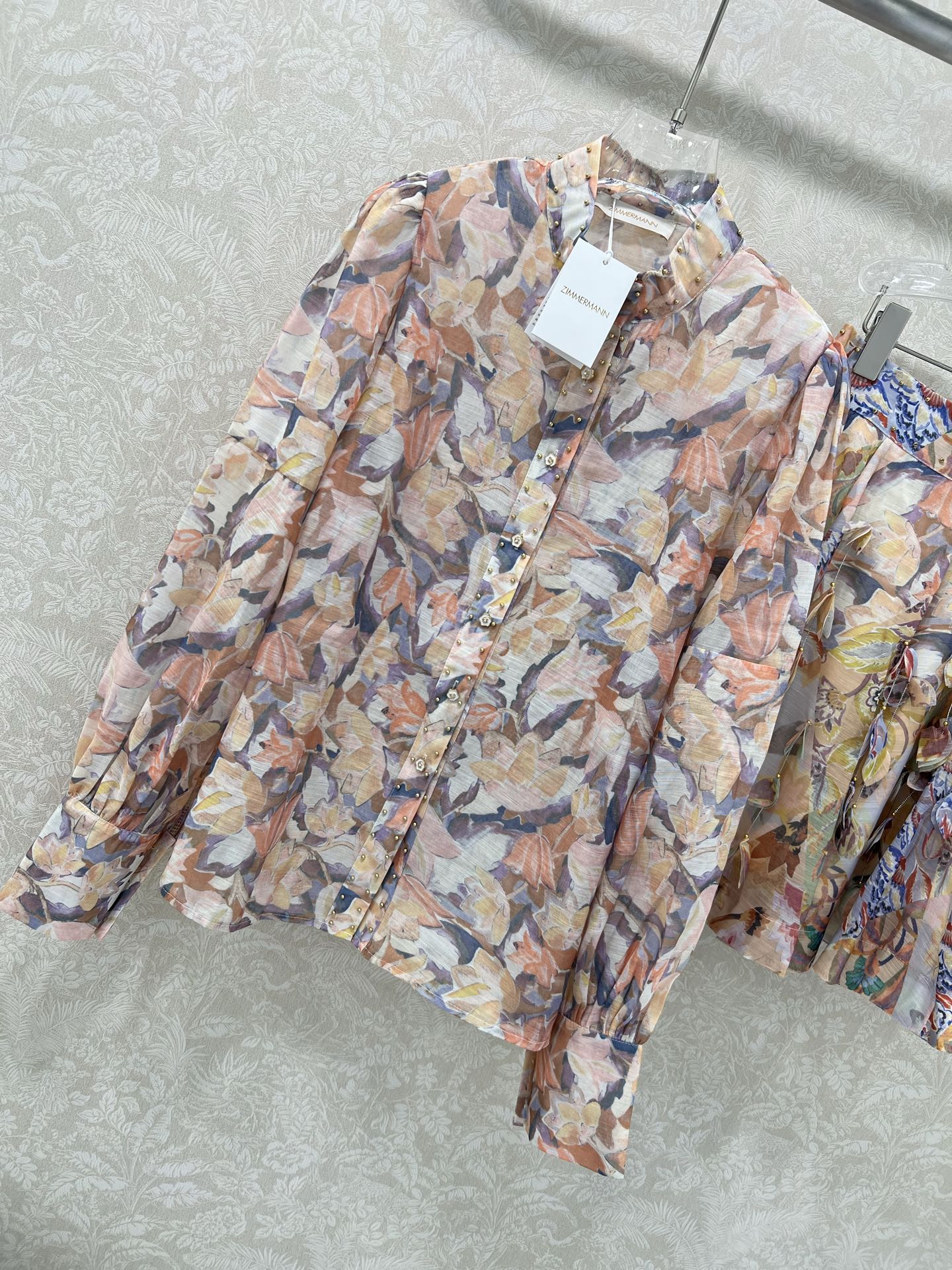 ZIMMER STAND-COLLAR PRINTED STUDDED TOP AND HIGH-WAIST FLARED SKIRT SET