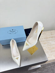 PRADA 26S POINTED TOE PUMPS 75MM IN WHITE PATENT CALFSKIN