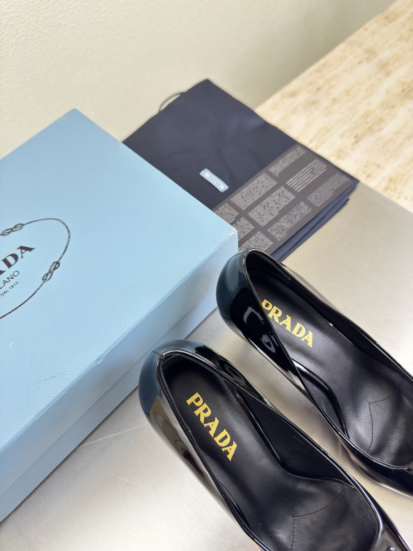 PRADA 26S POINTED TOE PUMPS 75MM IN BLACK PATENT CALFSKIN