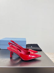 PRADA 26S SLINGBACK POINTED HEELS 75MM IN RED PATENT CALFSKIN