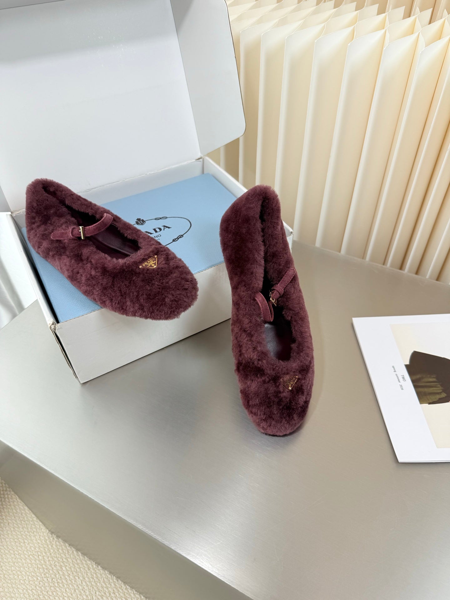 PRADA 26S MARY JANE BALLET IN MAROON RED SHEARLING