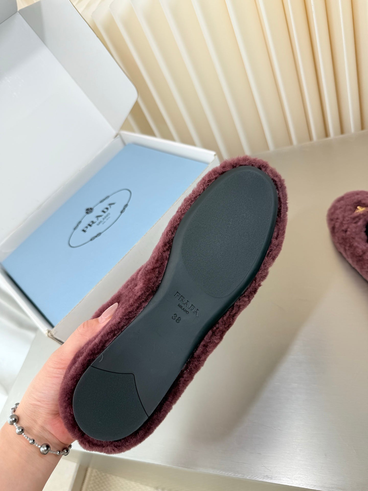 PRADA 26S MARY JANE BALLET IN MAROON RED SHEARLING