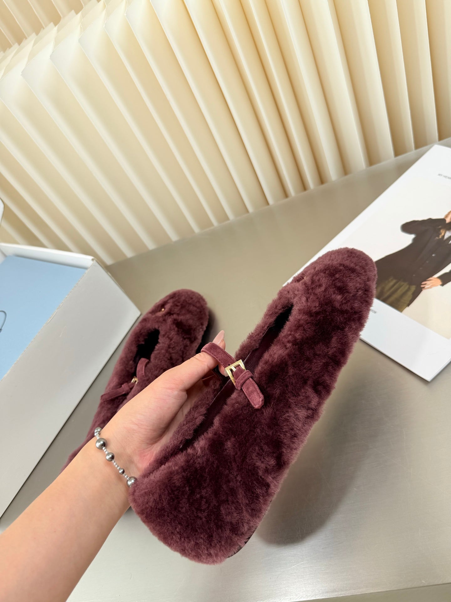 PRADA 26S MARY JANE BALLET IN MAROON RED SHEARLING