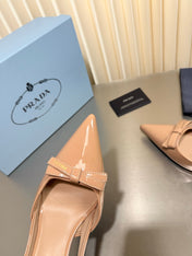 PRADA 26S POINTED-TOE SLINGBACK PUMPS IN BEIGE PATENT CALFSKIN WITH BOW