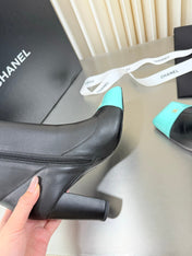 CHANEL 26S ZIPPER BOOTS 75 MM IN BLACK CALFSKIN AND LIGHT BLUE PATENT LEATHER SQUARE TOE HIGH