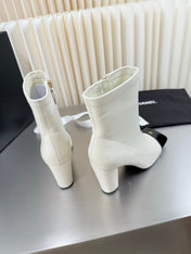 CHANEL 26S ZIPPER BOOTS 75 MM IN WHITE CALFSKIN AND BLACK PATENT LEATHER SQUARE TOE HIGH