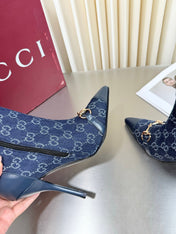 GUCCI 26S HORSEBIT BOOTS 105 MM IN NAVY BLUE DENIM AND LEATHER