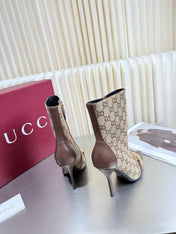 GUCCI 26S HORSEBIT BOOTS 105 MM IN BROWN LEATHER AND BEIGE CANVAS