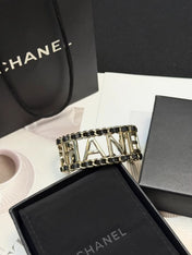 CHANEL 26S CHANEL LOGO OPEN CUFF LEATHER CHAIN BRACELET IN GOLD METAL 630836