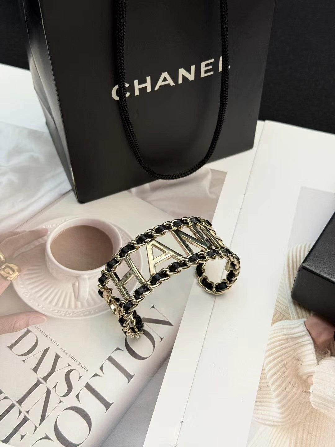 CHANEL 26S CHANEL LOGO OPEN CUFF LEATHER CHAIN BRACELET IN GOLD METAL 630836