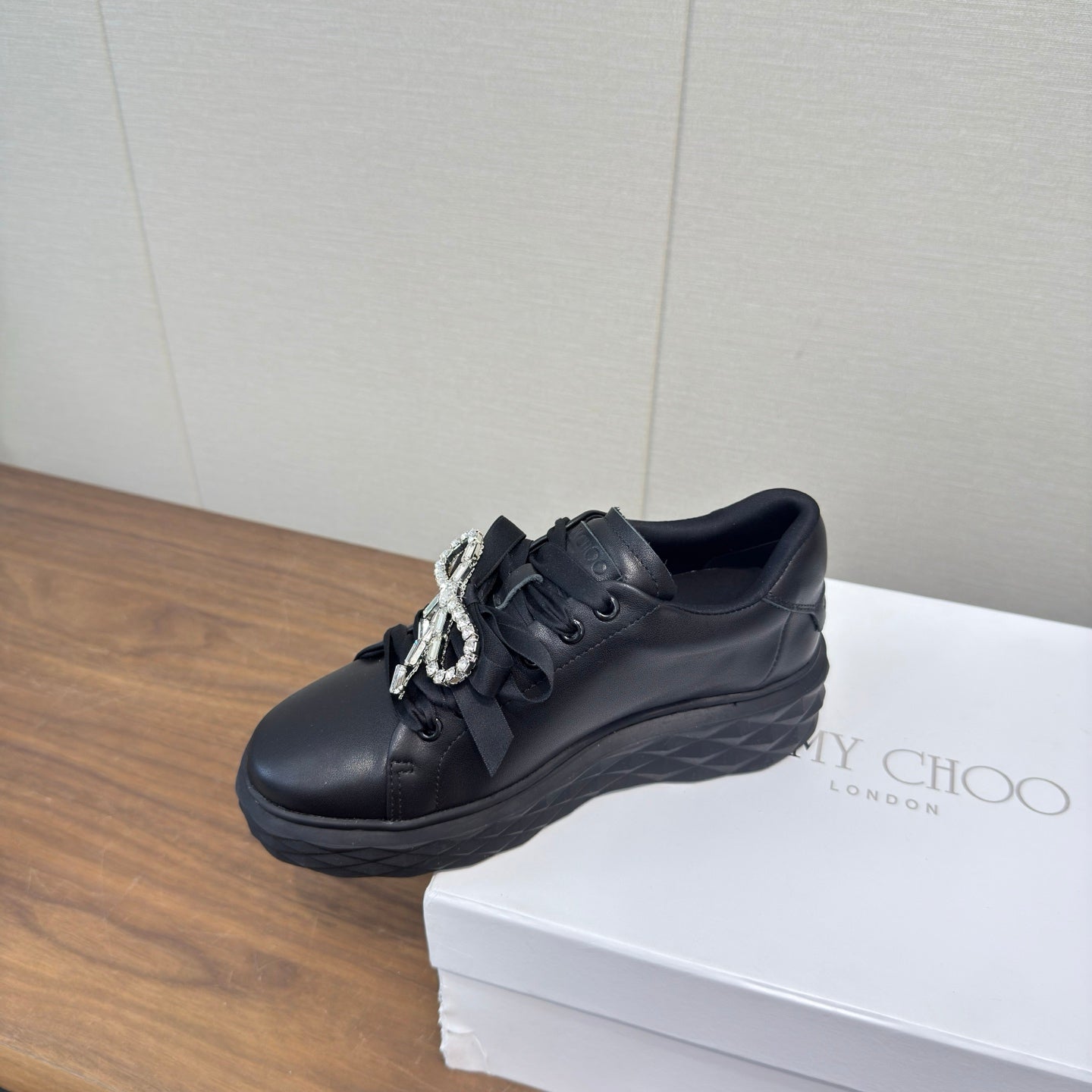 JIMMY CHOO 26S SNEAKERS 55 MM IN BLACK CALFSKIN WITH CRYSTAL BOW