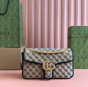 MARMONT MEDIUM SHOULDER BAG 26 IN BEIGE AND BROWN GG CANVAS BLACK CALFSKIN GOLD HARDWARE