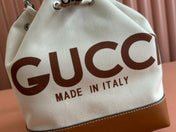 DRAWSTRING SHOULDER BAG LOGO PRINT 31 IN WHITE CANVAS BROWN CALFSKIN