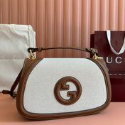 BLONDIE LARGE TOP HANDLE BAG 32 IN NATURAL COTTON LINEN CANVAS BROWN CALFSKIN