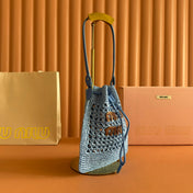 MIUMIU 26S WANDER BUCKET BAG 23 IN BLUE RAFFIA WITH LEATHER TRIM