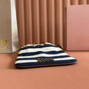MIUMIU 26S BUCKET BAG 23 IN CREAM AND NAVY BLUE CANVAS GOLD HARDWARE