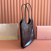 MIUMIU 26S IVY 40 TOTE IN DARK BROWN PATENT CALFSKIN