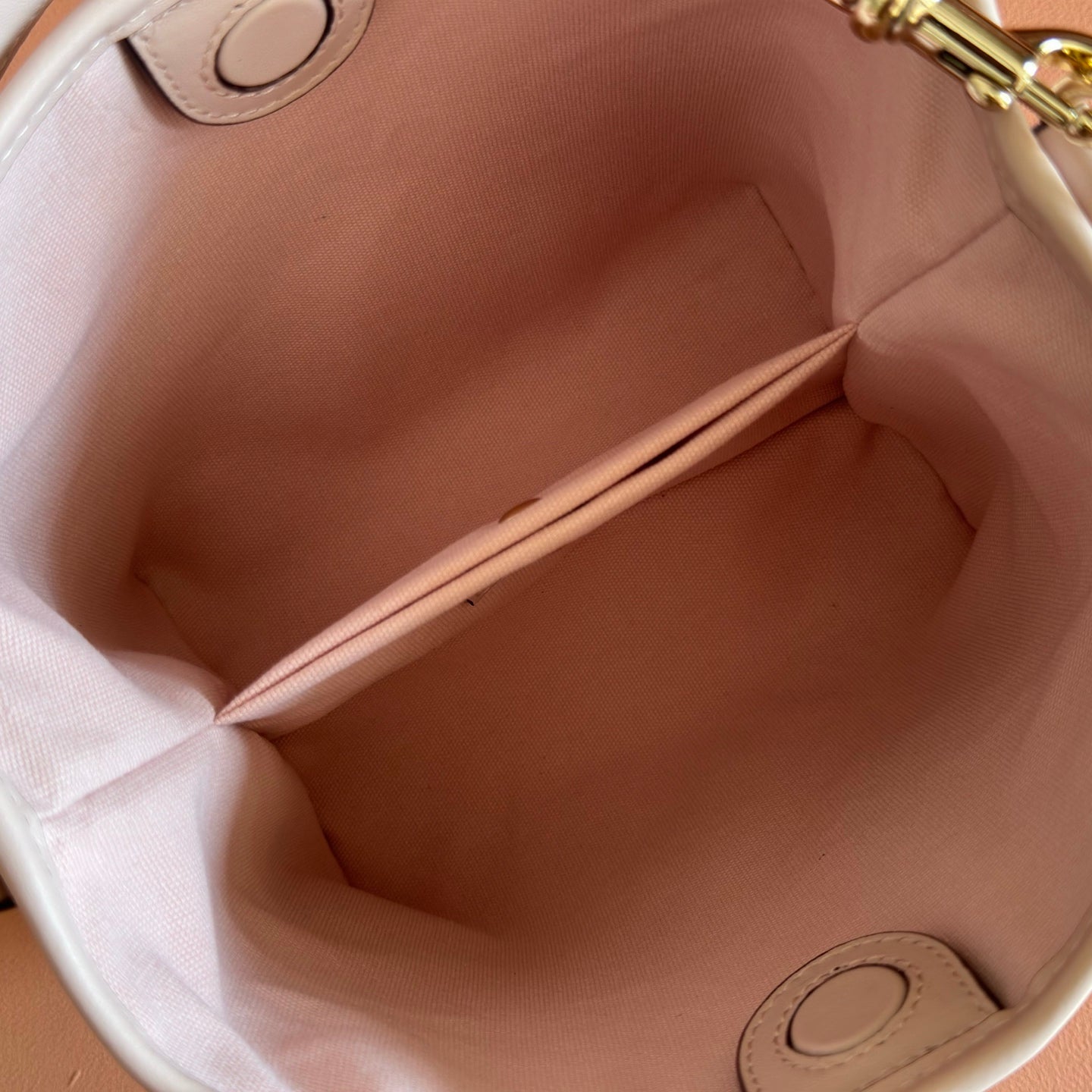 GUCCI 26S GG EMBLEM BUCKET BAG 19 IN LIGHT PINK COATED FABRIC