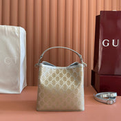 GUCCI 26S GG EMBLEM BUCKET BAG 19 IN BEIGE AND SILVER CANVAS