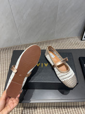 ALAIA MARY JANE FLATS WOVEN PATTERN 25S IN WHITE MIX CARAMEL BROWN CALFSKIN