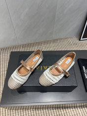 ALAIA MARY JANE FLATS WOVEN PATTERN 25S IN WHITE MIX CARAMEL BROWN CALFSKIN