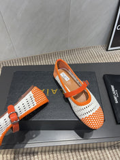 ALAIA MARY JANE FLATS WOVEN PATTERN 25S IN WHITE MIX ORANGE CALFSKIN