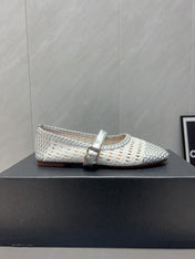 ALAIA MARY JANE FLATS WOVEN PATTERN 25S IN WHITE MIX GREY CALFSKIN