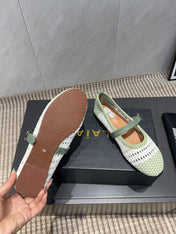 ALAIA MARY JANE FLATS WOVEN PATTERN 25S IN WHITE MIX PASTEL GREEN CALFSKIN