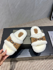 BALENCIAGA 25S SLIPPERS IN LIGHT BROWN SUEDE AND WHITE WOOL