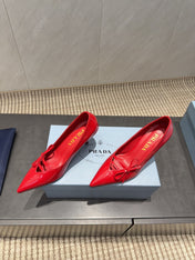 PRADA 26S POINTED TOE HEELS 75MM IN DARK RED CALFSKIN WITH BOW