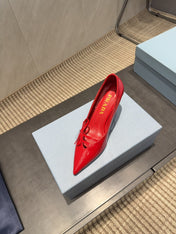 PRADA 26S POINTED TOE HEELS 75MM IN DARK RED CALFSKIN WITH BOW