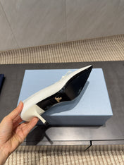 PRADA 26S POINTED TOE HEELS 75MM IN WHITE CALFSKIN WITH BOW