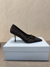PRADA 26S POINTED TOE HEELS 75MM IN BLACK SUEDE WITH BOW