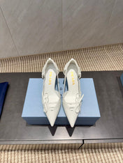 PRADA 26S POINTED TOE CUT OUT HIGH HEELS 75MM IN WHITE CALFSKIN WITH BOW