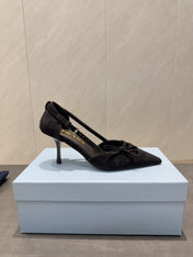 PRADA 26S POINTED TOE CUT OUT HIGH HEELS 75MM IN BLACK SUEDE WITH BOW