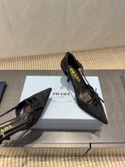 PRADA 26S POINTED TOE CUT OUT HIGH HEELS 75MM IN BLACK SUEDE WITH BOW