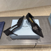 PRADA 26S POINTED TOE CUT OUT HIGH HEELS 75MM IN BLACK SUEDE WITH BOW