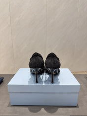 PRADA 26S POINTED TOE CUT OUT HIGH HEELS 75MM IN BLACK SUEDE WITH BOW
