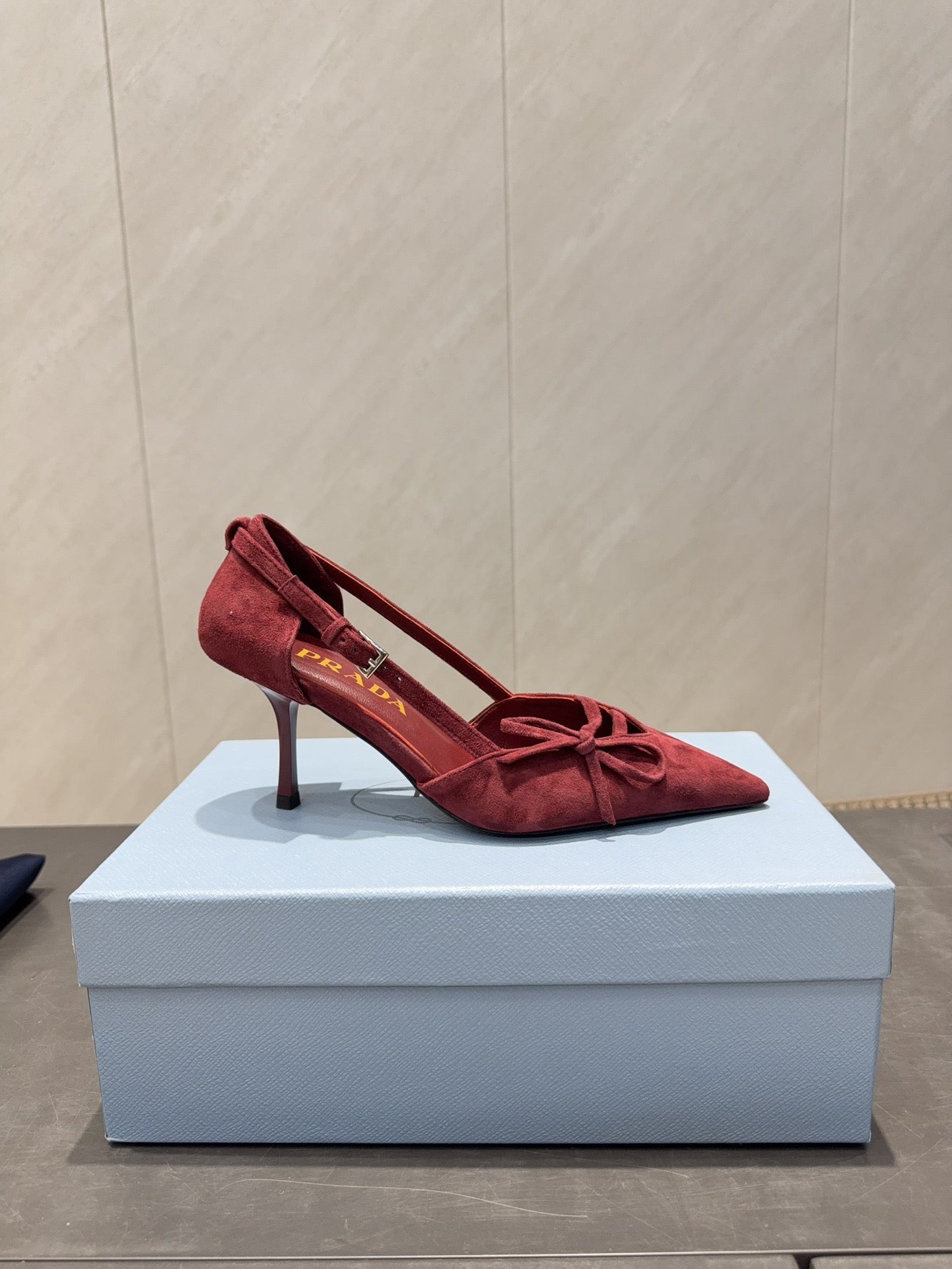 PRADA 26S POINTED TOE CUT OUT HIGH HEELS 75MM IN BURGUNDY RED SUEDE WITH BOW