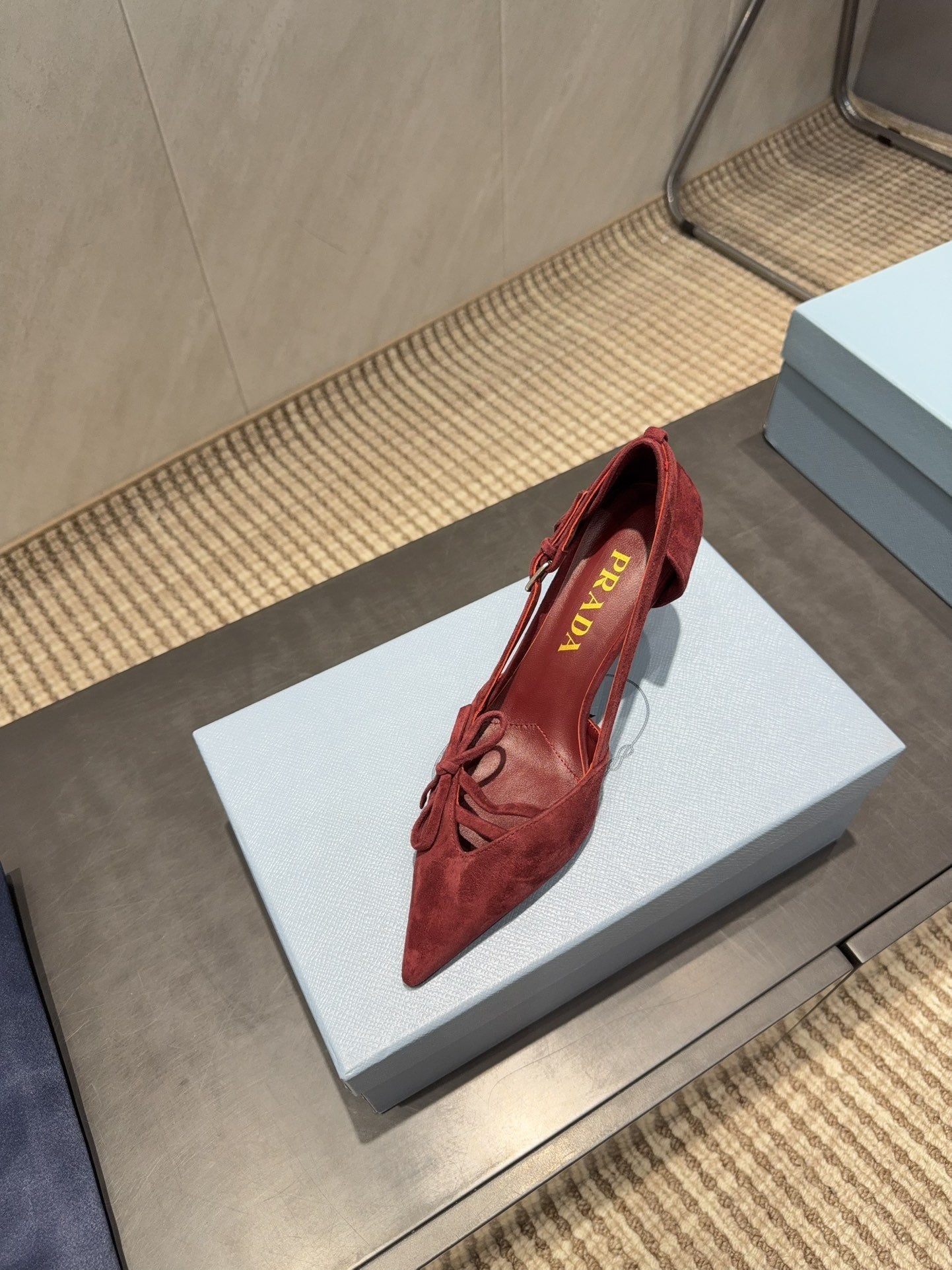 PRADA 26S POINTED TOE CUT OUT HIGH HEELS 75MM IN BURGUNDY RED SUEDE WITH BOW