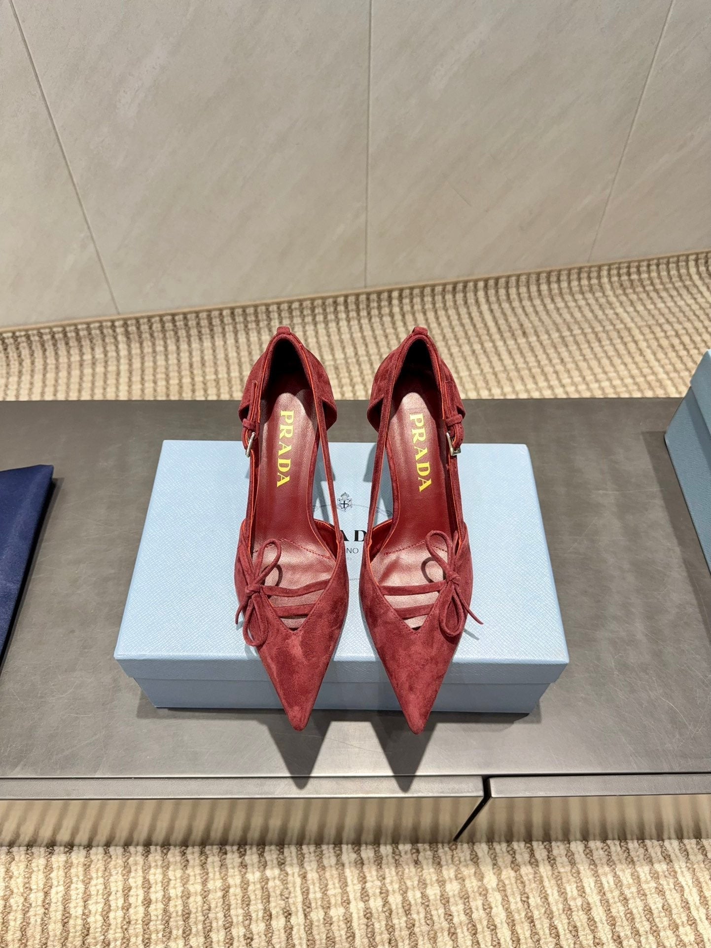 PRADA 26S POINTED TOE CUT OUT HIGH HEELS 75MM IN BURGUNDY RED SUEDE WITH BOW
