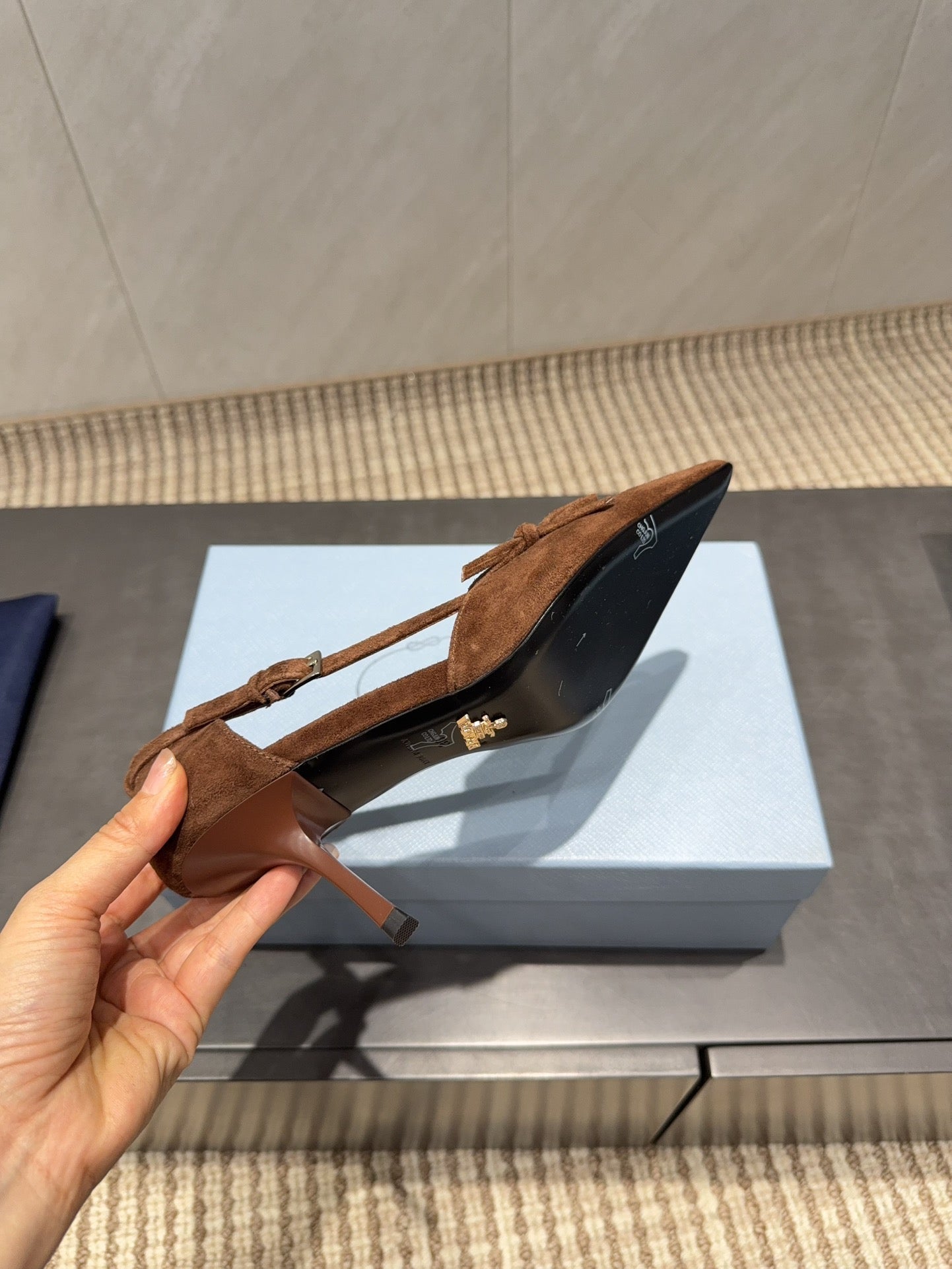 PRADA 26S POINTED TOE CUT OUT HIGH HEELS 75MM IN DARK BROWN SUEDE WITH BOW