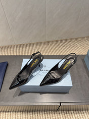 PRADA 26S POINTED TOE SLINGBACK HIGH HEELS 75MM IN BLACK CALFSKIN